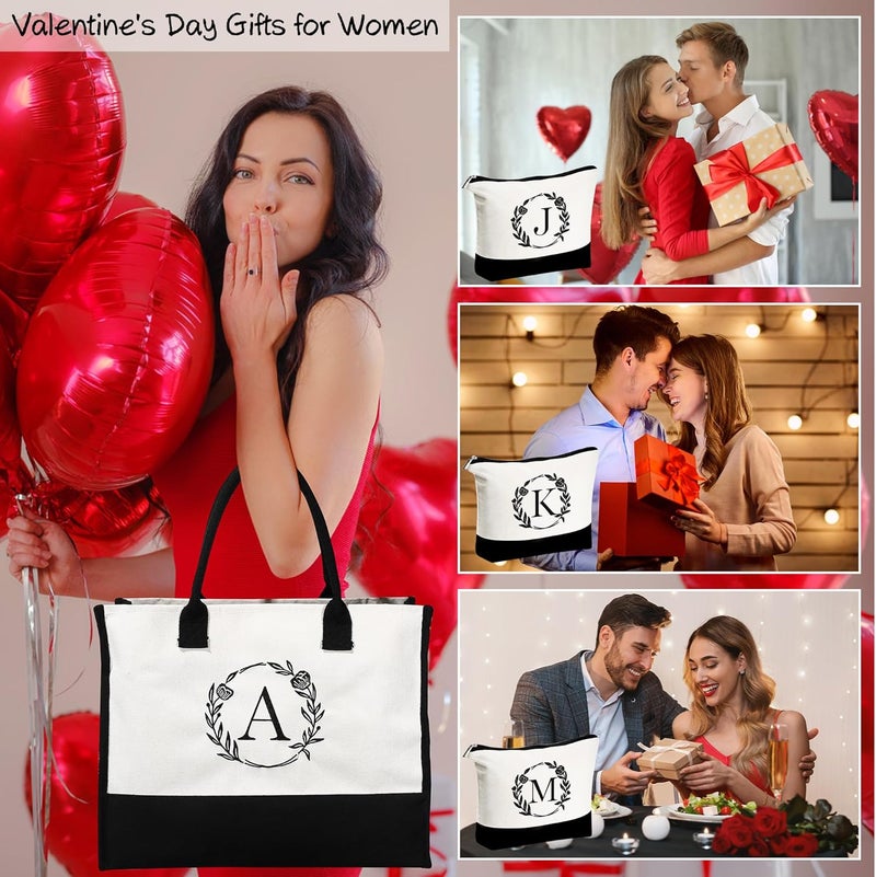 YOOLIFE Gifts for Women - Initial Canvas Tote Bag Makeup Bag, Valentines Day Gifts for Women Teacher Mom Wife Friend Birthday - Image 2